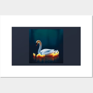 Beautiful Swan surrounded by candles on a  Lake. Romantic Image Posters and Art